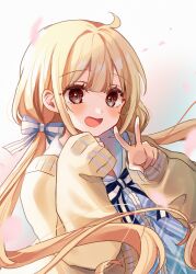 1girl :d blonde_hair blue_dress bow brown_eyes brown_jacket commentary_request dress futaba_anzu hair_bow highres idolmaster idolmaster_cinderella_girls idolmaster_cinderella_girls_starlight_stage jacket long_hair long_sleeves looking_at_viewer low_twintails open_clothes open_jacket open_mouth petals plaid_clothes plaid_dress puffy_long_sleeves puffy_sleeves rino_cnc sailor_collar sailor_dress sleeves_past_wrists smile solo striped_bow twintails upper_body v very_long_hair white_sailor_collar