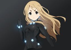 1girl absurdres black_background blonde_hair blue_eyes breasts clenched_hand gantz gantz_suit highres k-on! kicchi_(tmgk) kotobuki_tsumugi long_hair looking_at_viewer medium_breasts parted_lips serious thick_eyebrows wind