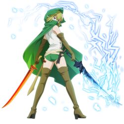 1girl blue_eyes boots buruma cape deviantart double-parted_bangs dual_wielding dungeon_ni_deai_wo_motomeru_no_wa_machigatteiru_darou_ka elbow_gloves from_behind full_body gloves green_buruma green_cape green_hair green_hood hair_between_eyes high_heel_boots high_heels holding holding_sword holding_weapon hood hood_up hooded_cape looking_at_viewer looking_back official_art ryu_lion shirt simple_background sleeveless sleeveless_shirt solo standing sword thighs third-party_source transparent_background weapon white_shirt