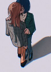 Rule 34 | 2girls, absurdres, black shoes, blonde hair, blue pants, brown hair, cardigan, chromatic aberration, closed eyes, commentary request, film grain, green cardigan, grey background, grey shirt, hanasato minori, hand on another&#039;s arm, hand on another&#039;s shoulder, highres, kani (kaniya), kiritani haruka, kiss, long hair, long sleeves, multiple girls, orange pants, pants, project sekai, shadow, shirt, shoes, short hair, simple background, standing, white shirt, yuri