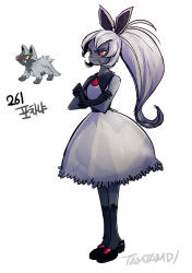 1girl black_footwear black_gloves black_socks closed_mouth colored_sclera colored_skin commentary crossed_arms dress fang full_body gen_3_pokemon gloves grey_dress grey_hair grey_skin hair_ribbon highres nintendo personification pokemon pokemon_(creature) ponytail poochyena red_eyes reference_inset ribbon signature simple_background socks standing tamtamdi translated white_background yellow_sclera