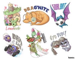 alolan_form alolan_geodude artist_name ball bat_(animal) car dragon dragonite drifloon elcajarito english_text gardevoir gen_1_pokemon gen_3_pokemon gen_4_pokemon gen_7_pokemon geodude golbat heart heart-shaped_pupils highres ludicolo magazine_(object) motor_vehicle nintendo no_humans nose_bubble plant pokemon pokemon_(creature) potted_plant pun race_vehicle racecar rake simple_background sleeping soccer_ball symbol-shaped_pupils white_background
