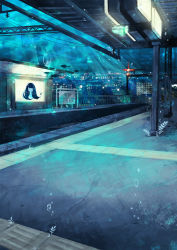 absurdres ad aqua_theme black_hair bubble building cityscape commentary_request closed_eyes fish glowing highres long_hair no_humans no_mouth no_nose original plant power_lines scenery shou_(hanasakukoroni) sign train_station underwater