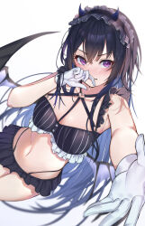 1girl absurdres black_bra black_hair black_panties black_skirt blue_hair blue_horns blush bra breasts chest_harness colored_inner_hair covering_own_mouth demon_girl demon_horns demon_wings embarrassed foreshortening frilled_bra frilled_skirt frills gloves gradient_horns hairband harness heart heart_o-ring highleg highleg_panties highres horns ichinose_uruha ichinose_uruha_(birthday_2023) lingerie lolita_hairband long_hair looking_at_viewer medium_breasts microskirt multicolored_hair multicolored_horns navel nose_blush o-ring o-ring_harness outstretched_hand panties pinstripe_pattern purple_eyes reaching reaching_towards_viewer ringozeri simple_background skirt solo striped_bra striped_clothes underwear vertical-striped_bra vertical-striped_clothes very_long_hair virtual_youtuber vspo! white_background white_gloves wings