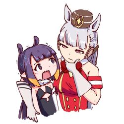 2girls :| animal_ears arm_around_shoulder black_dress bow breasts brown_hat closed_mouth commentary cropped_torso crossover dot_nose dress english_commentary gloves gold_ship_(umamusume) grey_eyes hat highres hololive hololive_english horse_ears horse_girl long_hair looking_at_another multiple_girls ninomae_ina&#039;nis ninomae_ina&#039;nis_(1st_costume) open_mouth orange_hair pink_eyes pointy_ears purple_hair red_bow red_dress simple_background sketch sleeveless sleeveless_dress umamusume virtual_youtuber white_background white_gloves wydken