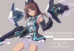 Rule 34 | 1girl, absurdres, alice gear aegis, black gloves, black hat, brown hair, character name, commentary request, cosplay, dark-skinned female, dark skin, dress, elbow gloves, garrison cap, gloves, green eyes, grey background, hat, highres, kaneshiya sitara, long hair, machinery, mecha musume, nonbe, palette suit, shorts, shorts under dress, smile, solo, vividred operation, white shorts