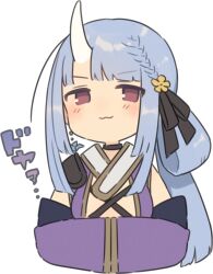 Rule 34 | 1girl, :3, black choker, black ribbon, blue hair, blunt bangs, blunt ends, braid, breasts, busou kanojo, center opening, choker, closed mouth, commentary request, cropped torso, cross-laced clothes, cross-laced top, deformed, detached sleeves, earrings, floating earrings, flower, furrowed brow, hair flower, hair ornament, hair ribbon, hair rings, horns, jewelry, light blush, long hair, long sleeves, low ponytail, nenemaru (busou kanojo), ponytail, purple eyes, purple shirt, purple sleeves, ribbon, shirt, side ponytail, single bare shoulder, single braid, single earring, single hair ring, single horn, single shoulder pad, sleeveless, sleeveless shirt, sleeves past fingers, sleeves past wrists, small breasts, smile, smug, solo, transparent background, usamata, virtual youtuber, white horns, yellow flower