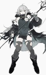 Rule 34 | 1girl, arknights, bare shoulders, black boots, black dress, black hood, boots, brown eyes, crocodile girl, crocodilian tail, dress, flower, full body, gloves, goggles, goggles around neck, grey gloves, holding, holding staff, holding weapon, hood, large tail, long hair, long sleeves, looking at viewer, nininikal, partially fingerless gloves, pointy ears, short dress, simple background, solo, staff, standing, tail, thighhighs, tomimi (arknights), torn clothes, torn thighhighs, weapon, white background, white hair