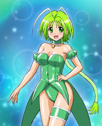 00s 1girl arm_garter asu_(hengaya) breasts choker female_focus frilled_thigh_strap green_eyes green_hair hair_tubes highres leotard long_hair magical_girl matching_hair/eyes mew_lettuce midorikawa_lettuce open_mouth short_hair smile solo thigh_strap tokyo_mew_mew