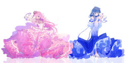 2girls alternate_costume alternate_hairstyle anemone_(flower) arm_at_side arm_up back_bow bare_shoulders beads blue_capelet blue_dress blue_gemstone blue_hair blue_shoes blunt_bangs blush bow braid breasts cape capelet cheek-to-cheek choker closed_eyes closed_mouth commentary creature creature_on_shoulder crown detached_collar dot_nose dress dress_flower face-to-face floating_hair flower footwear_bow frilled_bow frilled_dress frills full_body gem gloves gold_trim gown hair_behind_ear hair_down hair_over_shoulder hair_ribbon half_up_braid hands_up happy head_tilt heads_together high_heels highres holding holding_creature layered_dress lolita_fashion long_dress long_hair magia_record:_mahou_shoujo_madoka_magica_gaiden magical_girl mahou_shoujo_madoka_magica mermaid_dress multiple_girls nanami_yachiyo nape_braid nuzzle off-shoulder_dress off_shoulder on_shoulder one_eye_closed open_mouth paru_rari pink_cape pink_dress pink_eyes pink_flower pink_hair pink_ribbon pink_shoes pink_theme puffy_short_sleeves puffy_sleeves pumps red_gemstone reflection reflective_floor ribbon ribbon_choker see-through_cape see-through_capelet see-through_clothes shoes short_sleeves single_horizontal_stripe small_breasts small_kyubey smile soul_gem standing standing_on_one_leg star_(symbol) star_print sweet_lolita symbol-only_commentary tamaki_iroha tiara too_many too_many_frills tsurime very_long_hair waist_cape white_bow white_flower white_gloves