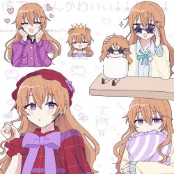 Rule 34 | adjusting eyewear, armband, bow, butterfly (love live!), cardigan, character logo, clenched hands, closed eyes, coat dress, collared shirt, commentary, crown, dress, elbow on table, elbow rest, enjoy it! (love live!), glasses, hair flip, hair ornament, hairclip, hand on eyewear, hands on own face, hat, heart, highres, holding, holding pillow, hugging object, konoe kanata, long hair, long sleeves, looking at viewer, love live!, love live! nijigasaki high school idol club, multiple views, neck ribbon, ng pst, nijigasaki school uniform, open mouth, orange hair, pillow, pillow hug, pixel text, plaid clothes, plaid dress, purple bow, purple eyes, red hat, ribbon, ryouran! victory road (love live!), school uniform, sheep, shirt, squeans, star-shaped eyewear, star (symbol), teruteru kanata, translation request, wavy hair, white background, wrist cuffs, yellow cardigan
