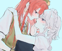 2girls blue_background blue_eyes blush braid commentary ear_blush earrings eye_contact french_kiss frilled_sleeves frills from_side full-face_blush green_hat green_vest hand_on_another&#039;s_face hand_on_another&#039;s_shoulder hat hat_ornament highres hong_meiling hoop_earrings izayoi_sakuya jewelry kiss long_hair looking_at_another maid maid_headdress multiple_girls profile puffy_short_sleeves puffy_sleeves saliva sarukana short_hair short_sleeves simple_background star_(symbol) star_hat_ornament teeth tongue tongue_out touhou twin_braids upper_body vest white_headdress wing_collar wristband yuri