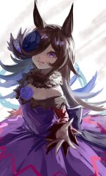 1girl animal_ears bare_shoulders blue_flower blue_rose brown_hair dress flower hair_over_one_eye hat hat_flower highres horse_ears horse_girl inishie_kumo long_hair long_sleeves looking_up off-shoulder_dress off_shoulder purple_dress purple_eyes rice_shower_(umamusume) rose smile solo tilted_headwear umamusume