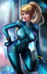 1girl blonde_hair blue_bodysuit blue_eyes blush bodysuit breasts commentary english_commentary hand_on_own_hip highres large_breasts looking_at_viewer metroid mole mole_under_mouth nintendo ponytail samus_aran shiny_skin solo terufuu zero_suit