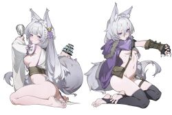 1girl absurdres animal_ears ass barefoot bell black_gloves black_nails black_thighhighs breasts fingerless_gloves full_body gloves grey_hair highres holding holding_bell long_hair long_sleeves loongm medium_breasts multiple_views no_bra original purple_eyes short_sleeves sideboob stirrup_legwear stretching tail thick_eyebrows thighhighs toeless_legwear wolf_ears wolf_tail