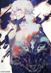 1boy absurdres blue_eyes brand_new_animal brown_collar closed_mouth coat collar commentary_request hair_between_eyes highres lack manly ogami_shirou open_clothes open_coat popped_collar upper_body white_coat white_hair