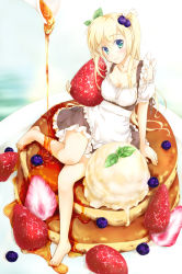 1girl apron aqua_eyes barefoot blonde_hair blueberry blush collarbone dress feet female_focus food food-themed_hair_ornament fruit hair_ornament ice_cream in_food jinbara_tatsuichi legs long_hair mini_person minigirl original oversized_object pancake sitting smile solo strawberry syrup twintails