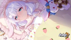 1girl absurdres artist_request bed bed_sheet blue_eyes cellphone closed_mouth doll from_above hair_between_eyes highres homei_(honkai_impact) honkai_(series) honkai_impact_3rd looking_at_viewer official_art pajamas phone pillow shadow sick side_ponytail smile solo theresa_apocalypse towel towel_on_head white_hair