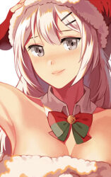 1girl bell blush dragunov_svd girls&#039;_frontline gloves grey_eyes gun hat long_hair lowres neck_bell red_gloves rifle santa_hat silence_girl smile sniper_rifle solo svd_(girls&#039;_frontline) weapon