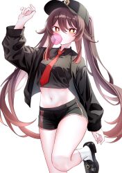 Rule 34 | 1girl, alternate costume, arm at side, black jacket, black shirt, black shoes, black shorts, black sleeves, blunt tresses, bright pupils, brown hair, brown pupils, casual, chewing gum, collared shirt, colored tips, contemporary, cropped shirt, curled fingers, dolphin shorts, flower-shaped pupils, foot up, genshin impact, gradient hair, green hat, groin, hair between eyes, hand up, hat, highres, hu tao (genshin impact), jacket, kuro774 n, long hair, long sleeves, looking at viewer, mary janes, midriff, multicolored hair, navel, necktie, open clothes, open jacket, peaked cap, red necktie, shirt, shoes, shorts, socks, solo, standing, standing on one leg, symbol-shaped pupils, twintails, white background, white pupils, white socks, wispy bangs