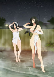 Rule 34 | 2girls, black eyes, black hair, breasts, brown eyes, kousaka shigure, kushinada mikumo, large breasts, long hair, matsonya (artist), multiple girls, night, nipples, nude, onsen, parted lips, shijou saikyou no deshi ken&#039;ichi, smile, standing, towel