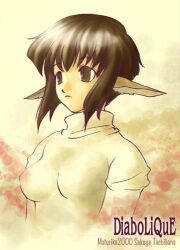 Rule 34 | 1girl, 2000, 2000s (style), aria (diabolique), bad id, breasts, brown background, brown eyes, brown hair, closed mouth, diabolique, expressionless, looking afar, lowres, medium breasts, pointy ears, short hair, slit pupils, solo, sweater, tachibana sakuya (matsurika), upper body, white sweater