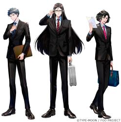 3boys adjusting_eyewear bag black_eyes black_hair black_jacket black_pants black_shoes black_suit briefcase business_suit collared_shirt constantine_xi_(fate) copyright_name copyright_notice diagonal-striped_clothes diagonal-striped_necktie fate/grand_order fate_(series) formal_clothes full_body glasses grey_hair holding holding_bag holding_briefcase holding_paper jacket long_hair looking_at_viewer lord_el-melloi_ii male_focus multiple_boys necktie official_art pants paper promotional_art saitou_hajime_(fate) shirt shoes short_hair smile standing striped_clothes suit suit_jacket waver_velvet white_shirt yuuichi_(bobobo)