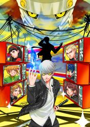 4boys 4girls adachi_tooru amagi_yukiko aquaxtic artist_name black_hair black_jacket black_pants blonde_hair blue_hair brown_hair closed_mouth commentary english_commentary glasses grey_hair grin hanamura_yousuke highres holding holding_sword holding_weapon izanagi_(persona_4) jacket kujikawa_rise long_sleeves multiple_boys multiple_girls narukami_yu pants persona persona_4 satonaka_chie shirogane_naoto shirt short_hair smile sword tatsumi_kanji teeth upper_body weapon white_shirt yellow_eyes