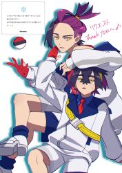 2boys black_hair blue_shirt blue_socks collared_shirt commentary_request crossed_bangs crossed_legs gloves hair_between_eyes highres jacket kieran_(pokemon) knees long_sleeves looking_down looking_up male_focus mocacoffee_1001 mole mole_on_neck multicolored_hair multiple_boys necktie nintendo open_mouth partially_fingerless_gloves poke_ball poke_ball_(basic) pokemon pokemon_sv purple_hair red_gloves red_necktie shirt shoes shorts signature single_glove socks strap sweat two-tone_hair white_jacket white_shoes yellow_eyes