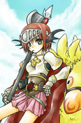Rule 34 | 1girl, ark kan, armor, axe, belt, black belt, black eyes, black wings, cape, closed mouth, commentary request, cowboy shot, cross of prontera, demon wings, head wings, holding, holding axe, leaf in mouth, looking at viewer, lord knight (ragnarok online), miniskirt, open mouth, pauldrons, peco peco, pink skirt, ragnarok online, red cape, short hair, shoulder armor, skirt, solo, spiked gauntlets, visor (armor), wings