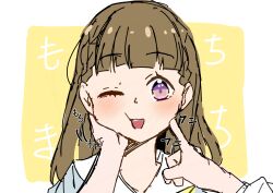 Rule 34 | 3girls, ;d, blunt bangs, blush, border, braid, brown hair, center-flap bangs, cheek poking, cheek press, commentary, dress, hand on another&#039;s cheek, hand on another&#039;s face, hasu no sora school uniform, highres, kachimachi kosuzu, kisaragi yukitora, link! like! love live!, long hair, looking at viewer, love live!, multiple girls, one eye closed, open mouth, outside border, poking, portrait, purple eyes, sailor collar, sailor dress, school uniform, side braids, smile, solo focus, summer uniform, virtual youtuber, white border, white sailor collar, yellow background