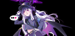 Rule 34 | 1girl, armband, belt, black background, black belt, black halo, black hat, black skirt, blue archive, blue armband, chinese text, demon girl, demon horns, demon wings, flat chest, halo, hat, hina (blue archive), horns, long hair, looking at viewer, purple eyes, simple background, skirt, solo, standing, user egaa2882, white hair, wings