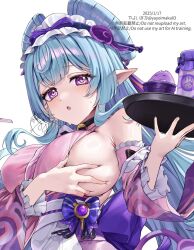 1girl :o black_choker blue_hair breasts choker detached_sleeves dress frilled_hairband frills genshin_impact hairband highres holding holding_plate japanese_clothes jewelry kimono large_breasts long_hair looking_at_viewer nihongami open_mouth pink_dress pink_eyes plate pointy_ears solo white_background yayoi_maka yumemizuki_mizuki