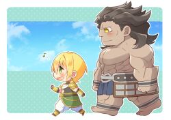 2boys armor black_hair blonde_hair chibi dark-skinned_male dark_skin earrings fate/grand_order fate_(series) fingerless_gloves gloves goshipiumu green_eyes heracles_(fate) highres jason_(fate) jewelry long_hair male_focus messy_hair multiple_boys muscular muscular_male open_mouth short_hair smile