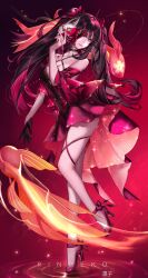 1girl absurdres artist_name bare_shoulders black_gloves black_hair blunt_bangs breasts butterfly-shaped_pupils cherry_blossom_print cleavage commentary_request detached_sleeves dress fingernails floral_print flower_tattoo fox_mask full_body gloves hair_ornament high_heels highres holding holding_mask honkai:_star_rail honkai_(series) koi large_breasts lips long_hair looking_to_the_side mask mole mole_under_each_eye mole_under_eye multiple_moles nail_polish pink_eyes red_background red_dress red_footwear red_nails red_theme ringeko-chan simple_background single_glove skindentation sleeveless sleeveless_dress smile solo sparkle sparkle_(honkai:_star_rail) symbol-shaped_pupils tattoo thighs twintails very_long_hair wide_sleeves