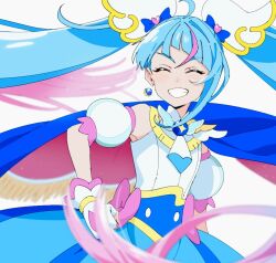 1girl ahoge asymmetrical_bangs blue_hair blue_skirt blurry blurry_background blurry_foreground bow circle_skirt closed_eyes cure_sky depth_of_field detached_sleeves earrings facing_viewer fingerless_gloves floating_hair gloves gradient_hair grin hair_ornament hand_on_own_hip hirogaru_sky!_precure jewelry long_hair magical_girl multicolored_hair necktie pink_bow pink_hair precure puffy_short_sleeves puffy_sleeves shirako_love shirt short_sleeves simple_background skirt sleeveless sleeveless_shirt smile solo sora_harewataru teeth twintails two-tone_hair upper_body very_long_hair white_background white_gloves white_necktie white_shirt wing_hair_ornament