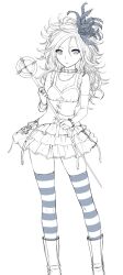 1girl breasts collar collarbone corset dragon_quest dragon_quest_swords earrings elbow_gloves feather_hair_ornament feathers gloves greyscale hair_ornament jewelry long_hair looking_at_viewer monochrome necklace ring setia simple_background single_elbow_glove skirt solo st.germain-sal striped_clothes striped_thighhighs thighhighs white_background