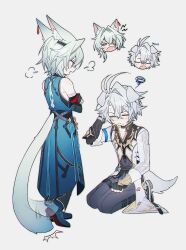2boys anaxa_(honkai:_star_rail) animal_ears annoyed aqua_hair back bare_shoulders black_pants cat_boy cat_ears cat_tail closed_eyes coat coojisan dog_boy dog_ears dog_tail english_text full_body grey_hair highres honkai:_star_rail honkai_(series) male_focus multiple_boys open_mouth pants phainon_(honkai:_star_rail) simple_background standing tail white_background white_coat