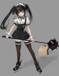 1girl :3 absurdres animal_ears bag black_dress black_footwear black_hair black_ribbon black_thighhighs breasts cat_ears closed_mouth creature dress expressionless full_body grass grey_background hara_shoutarou highres holding holding_weapon kooh legband long_hair looking_at_viewer mace maid_headdress neck_ribbon pangya paper_bag polearm puffy_short_sleeves puffy_sleeves red_eyes ribbon shadow short_sleeves simple_background small_breasts solo spiked_mace spikes standing thighhighs twintails weapon wrist_cuffs