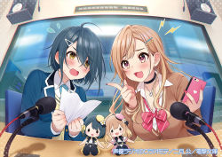 2girls :d ahoge black_choker black_hair blazer blue_jacket blush bow bowtie breasts brown_cardigan brown_eyes brown_hair cardigan cellphone chair character_doll choker cleavage collared_shirt commentary_request diagonal-striped_bow diagonal-striped_bowtie diagonal-striped_clothes diagonal-striped_necktie dress_shirt fang flying_sweatdrops glint hair_ornament hair_over_one_eye hairclip heart heart_necklace holding holding_phone indoors jacket jewelry lightning_bolt_symbol long_hair medium_breasts microphone mole mole_under_eye multiple_girls nail_polish necklace necktie official_art open_clothes open_jacket open_mouth phone purple_eyes red_bow red_nails school_uniform seiyuu_radio_no_uraomote shirt sitting skin_fang smile striped_bow striped_bowtie striped_clothes sweat sweater_vest table translation_request tsukana_(saba_mizore) upper_body utatane_yasumi white_shirt yuugure_yuuhi