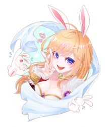 Rule 34 | 1girl, animal ears, arch mage (ragnarok online), blonde hair, blue eyes, breasts, cleavage, commentary request, commission, fingernails, grass, highres, indi5blue, large breasts, long hair, looking at viewer, open mouth, pink nails, rabbit, rabbit ears, rabbit girl, ragnarok online, simple background, skeb commission, smile, solo, upper body, white background
