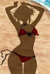 Rule 34 | 1girl, absurdres, arms up, beach, bikini, boku no hero academia, breasts, commentary request, dressed shadow (meme), gluteal fold, highres, implied nudity, meme, outdoors, red bikini, sand, shadow, solo, swimsuit, toga himiko, unworn bikini, water, wide hips, zd (pixiv6210083)