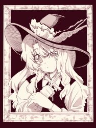 1girl collared_shirt commentary_request cross fedora greyscale hat highres holding holding_cross jacket_girl_(dipp) long_hair long_sleeves monochrome neck_ribbon ribbon shirt solo touhou turtle-kun very_long_hair vest wavy_hair