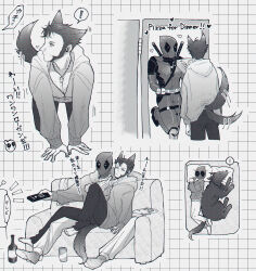 ! 2boys all_fours animal_ears animification back bed blush bodysuit bottle can chest_hair closed_mouth commentary_request controller couch deadpool deadpool_&amp;_wolverine deadpool_(series) dog_tags doghooouse facial_hair food heart highres holding holding_bottle hood hood_down long_sleeves looking_at_another male_focus marvel marvel_cinematic_universe monochrome multiple_boys muscular on_couch pants pectorals pizza pizza_box plate remote_control short_hair sitting sitting_on_lap sitting_on_person sleeping superhero_costume tail tail_wagging translation_request wolf wolf_boy wolf_ears wolf_tail wolverine_(x-men) x-men yaoi zzz