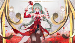 1girl absurdres bandaged_arm bandages bare_shoulders black_skirt blood bloody_tears braid breasts character_name commentary detached_sleeves dress feet_out_of_frame flower grey_eyes grey_pantyhose heterochromia highres holding holding_flower large_breasts long_hair looking_at_viewer low_twin_braids nervi_fd pantyhose parted_lips phrolova_(wuthering_waves) red_dress red_eyes single_detached_sleeve skirt solo spider_lily tacet_discord_(wuthering_waves) tacet_mark_(wuthering_waves) twin_braids very_long_hair wuthering_waves