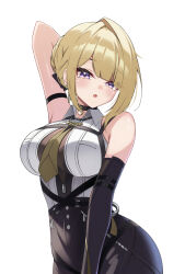 Rule 34 | 1girl, arm up, armpits, black gloves, black pants, blonde hair, blush, braid, braided bun, breasts, chest strap, collared shirt, elbow gloves, evelyn chevalier, eyebrows hidden by hair, eyes visible through hair, fingerless gloves, gloves, hair bun, high-waist pants, highres, large breasts, latex pants, looking at viewer, medium hair, necktie, open mouth, pants, puleudingding, purple eyes, shirt, sleeveless, sleeveless shirt, solo, standing, tight clothes, tight pants, white background, white shirt, yellow necktie, zenless zone zero
