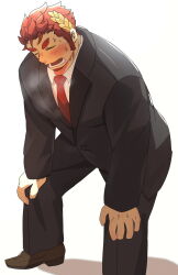 Rule 34 | 1boy, bara, blush, breath, claude (housamo), embarrassed, facial hair, foot out of frame, formal clothes, goatee, heavy breathing, highres, laurel crown, long sideburns, male focus, red hair, short hair, sideburns, solo, suit, suna sand1, sweat, thick eyebrows, tokyo houkago summoners