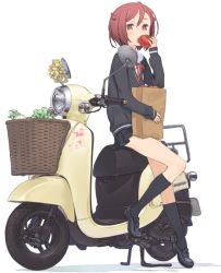 10s 1girl bag basket black_skirt black_socks eating female_focus food fruit full_body grocery_bag heart holding holding_food kneehighs kuroboshi_kouhaku loafers long_sleeves looking_at_viewer motor_vehicle neck_ribbon official_art one_off open_mouth paper_bag radish red_eyes red_hair ribbon school_uniform scooter shiozaki_haruno shoes shopping_bag short_hair sidesaddle simple_background sitting skirt socks solo sweater tomato vehicle white_background