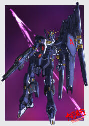 alternate_color alternate_universe beam_rifle border char&#039;s_counterattack commentary_request earth_federation_space_forces energy_gun fin_funnels full_body green_eyes gun gundam highres holding holding_gun holding_weapon mecha mecha_focus mobile_suit no_humans nu_gundam purple_background robot science_fiction shield solo taiga_hiroyuki titans_(gundam) v-fin weapon white_border zeta_gundam