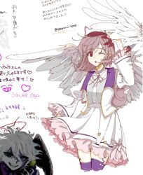 1boy 1girl :d ;o alternate_costume angel angel_wings cho_koko-kyu_no_washi cropped_legs danganronpa_(series) danganronpa_2:_goodbye_despair grin hand_up highres jacket komaeda_nagito long_sleeves nanami_chiaki neck_ribbon one_eye_closed open_mouth pink_ribbon purple_jacket purple_thighhighs ribbon simple_background skirt smile teeth thighhighs translation_request white_background white_jacket white_skirt wings zettai_ryouiki